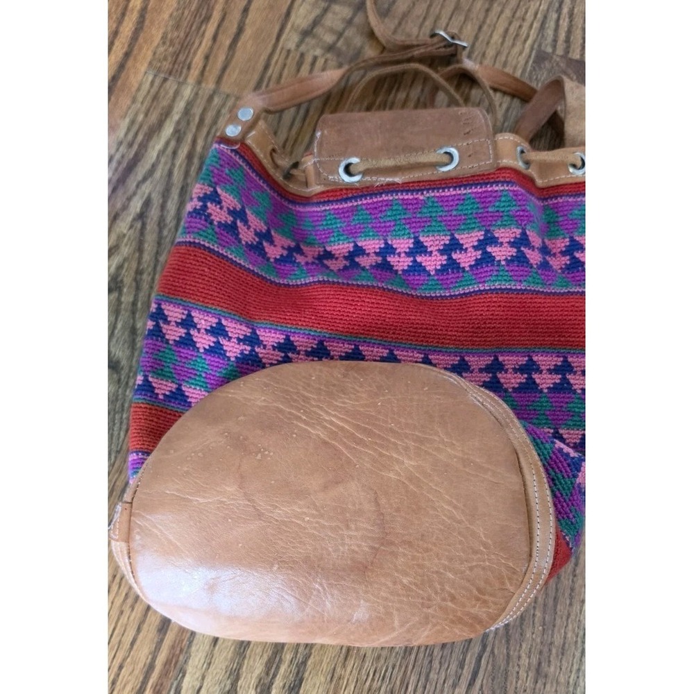 Boho Woven Leather Drawstring Bucket Crossbody Bag Colorful Hand Tooled Hippie - Picture 4 of 6